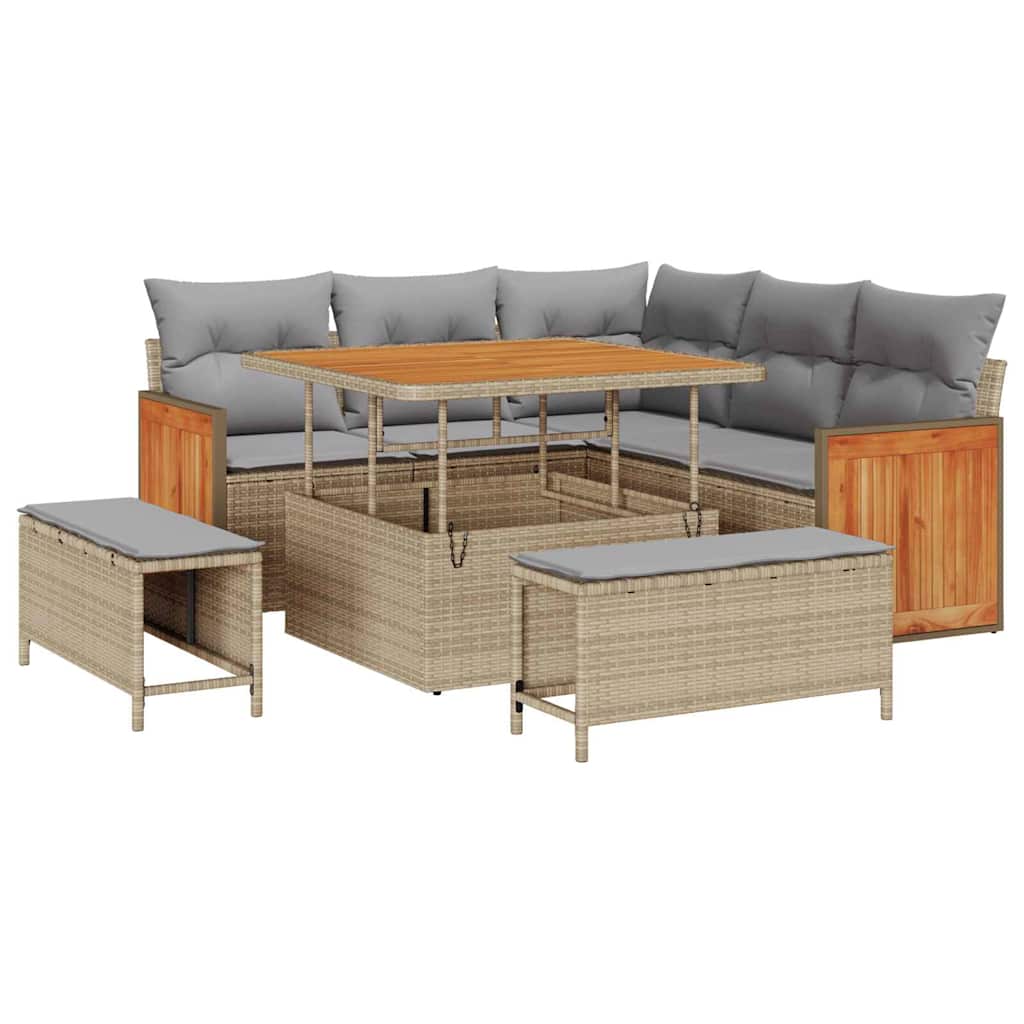 Havesofa Sæt med pude 9 pcs Beige og lys grå polyrattan