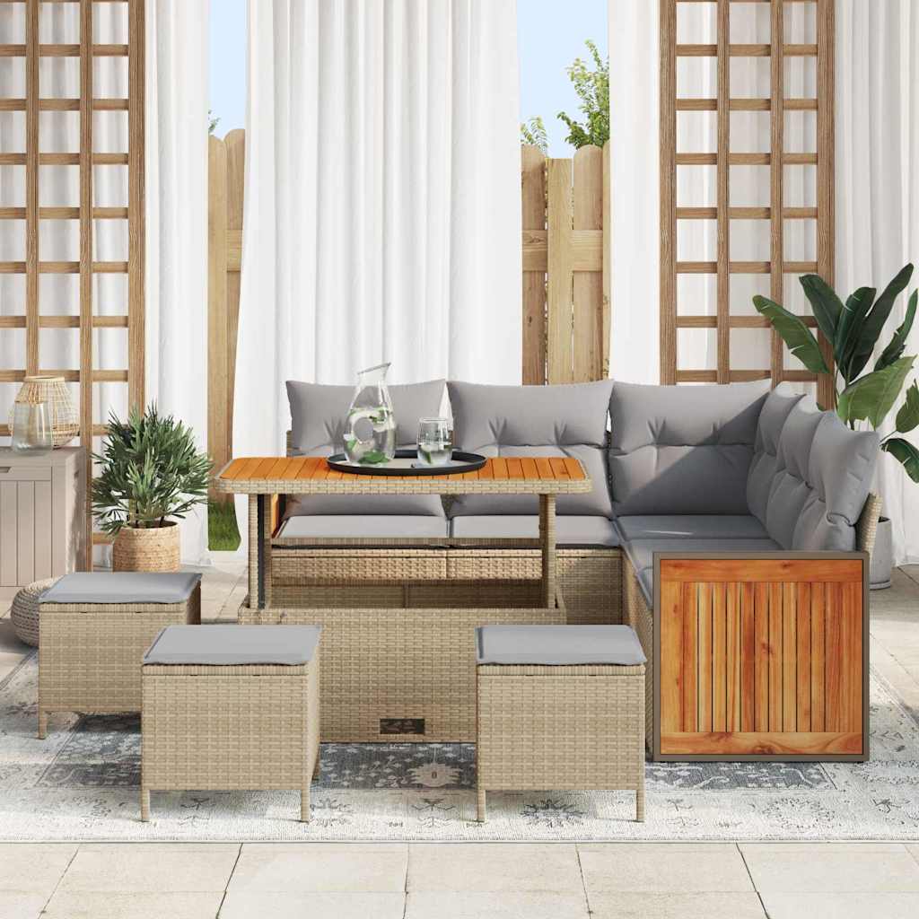 Havesofa Sæt med pude 9 pcs Beige og lys grå polyrattan