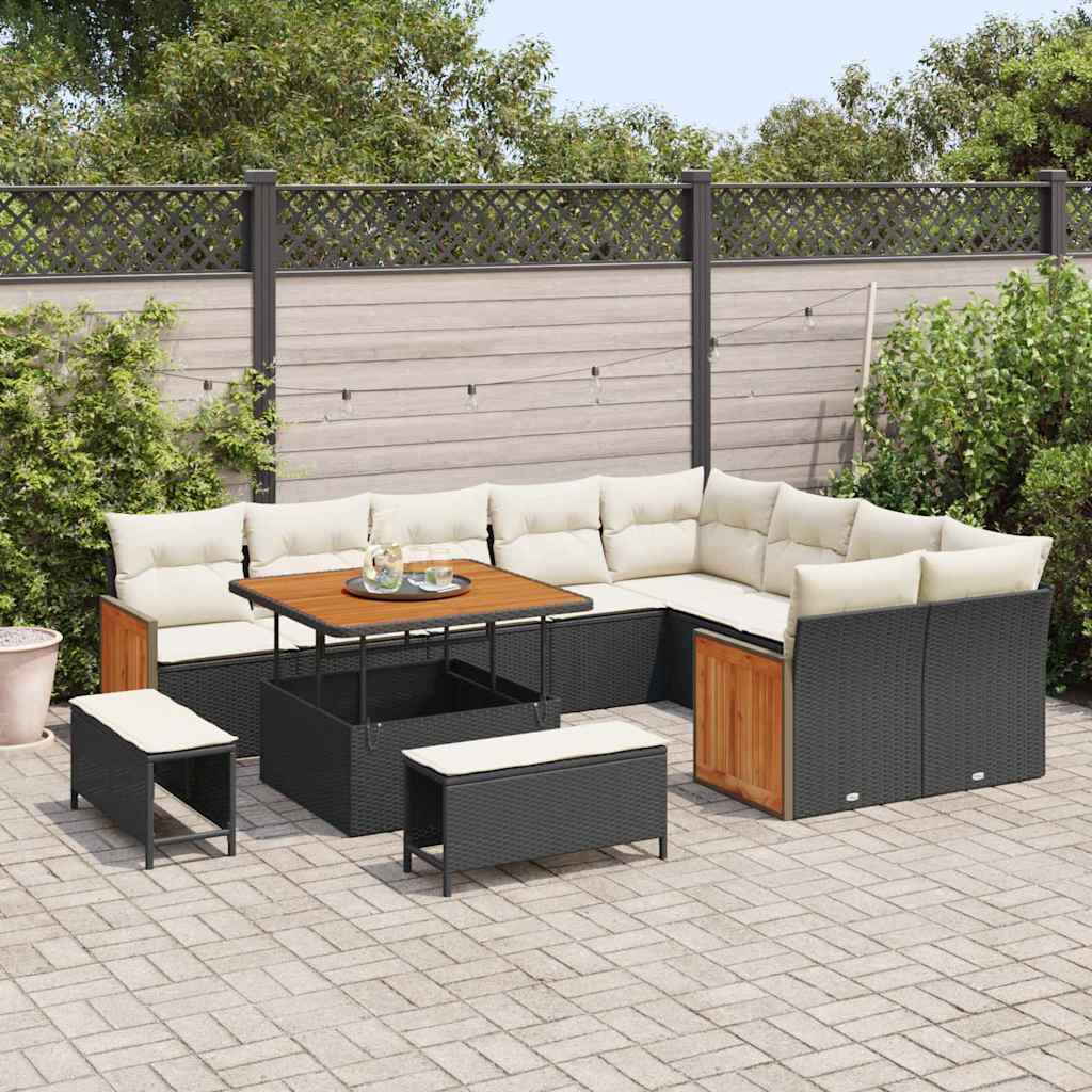 Havesofa Sæt med pude 13 pcs Sort og Cream polyrattan
