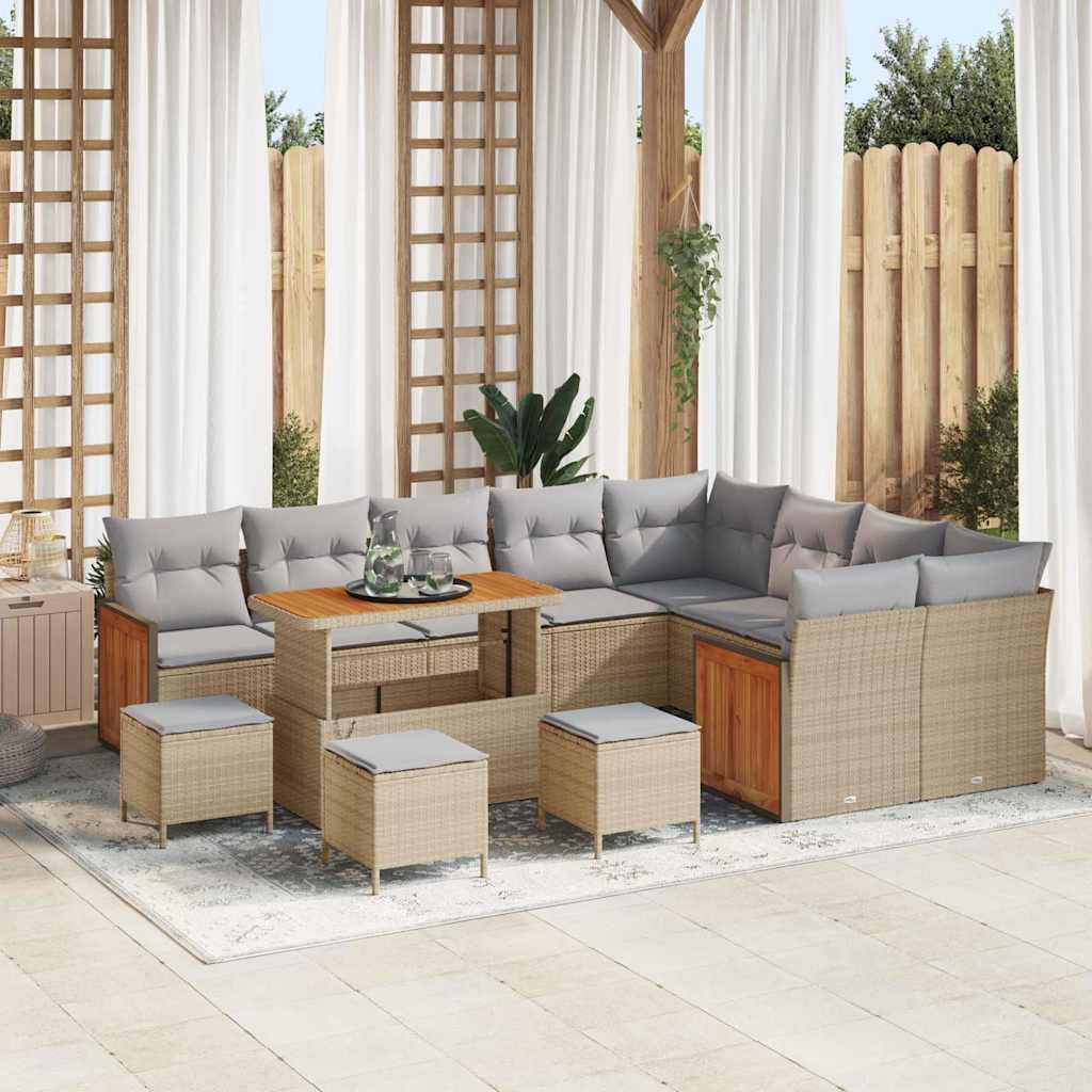 Havesofa Sæt med pude 14 pcs Beige og lys grå polyrattan