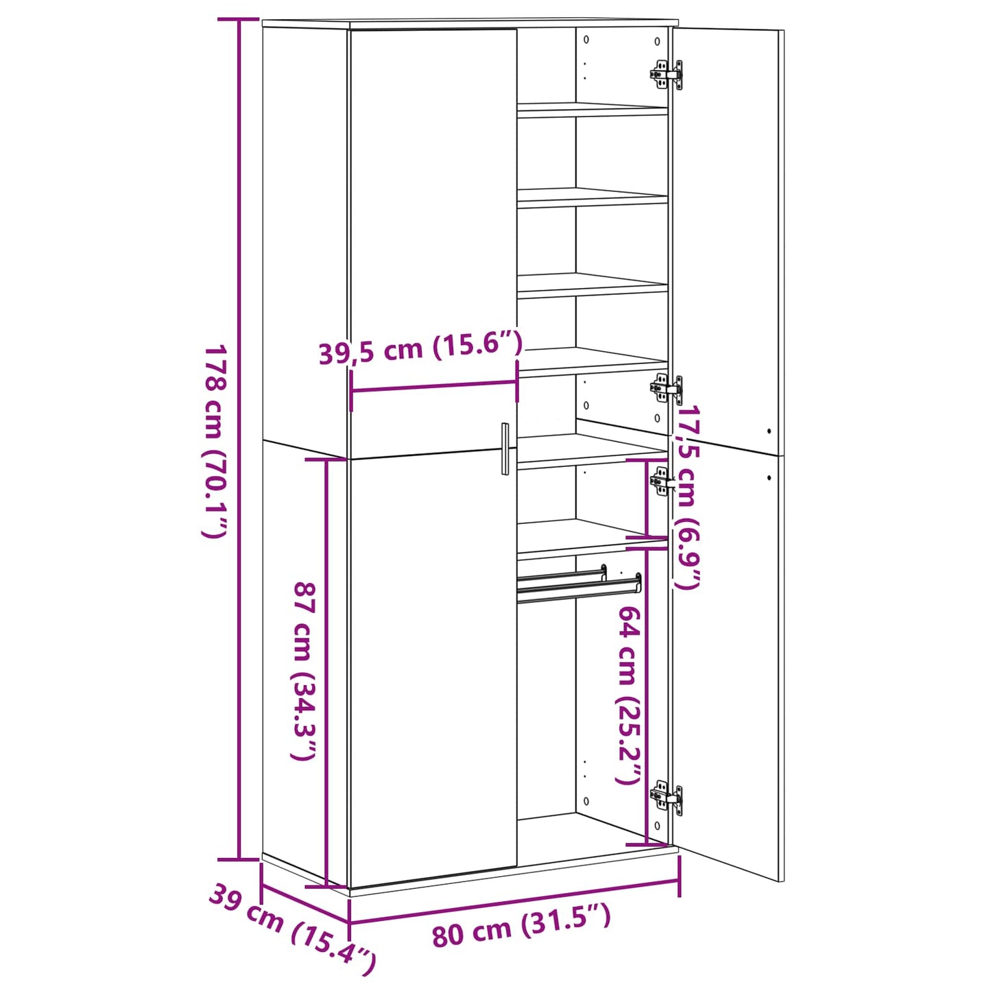 Highboard 80 x 39 x 178 cm Konstrueret træ Artisan-eg