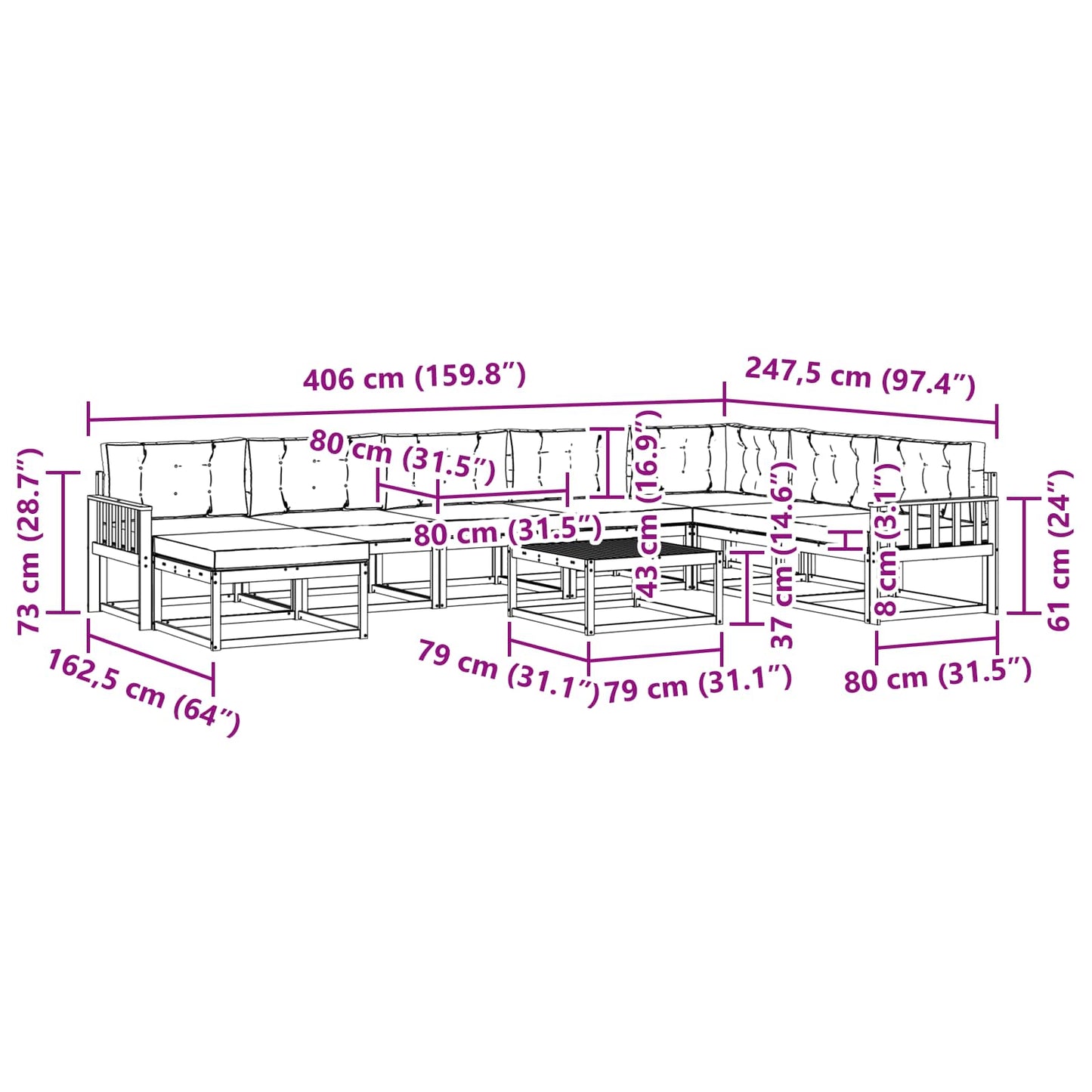 Udendørs sofagruppe med pude 9 pcs Naturlig og Antracit
