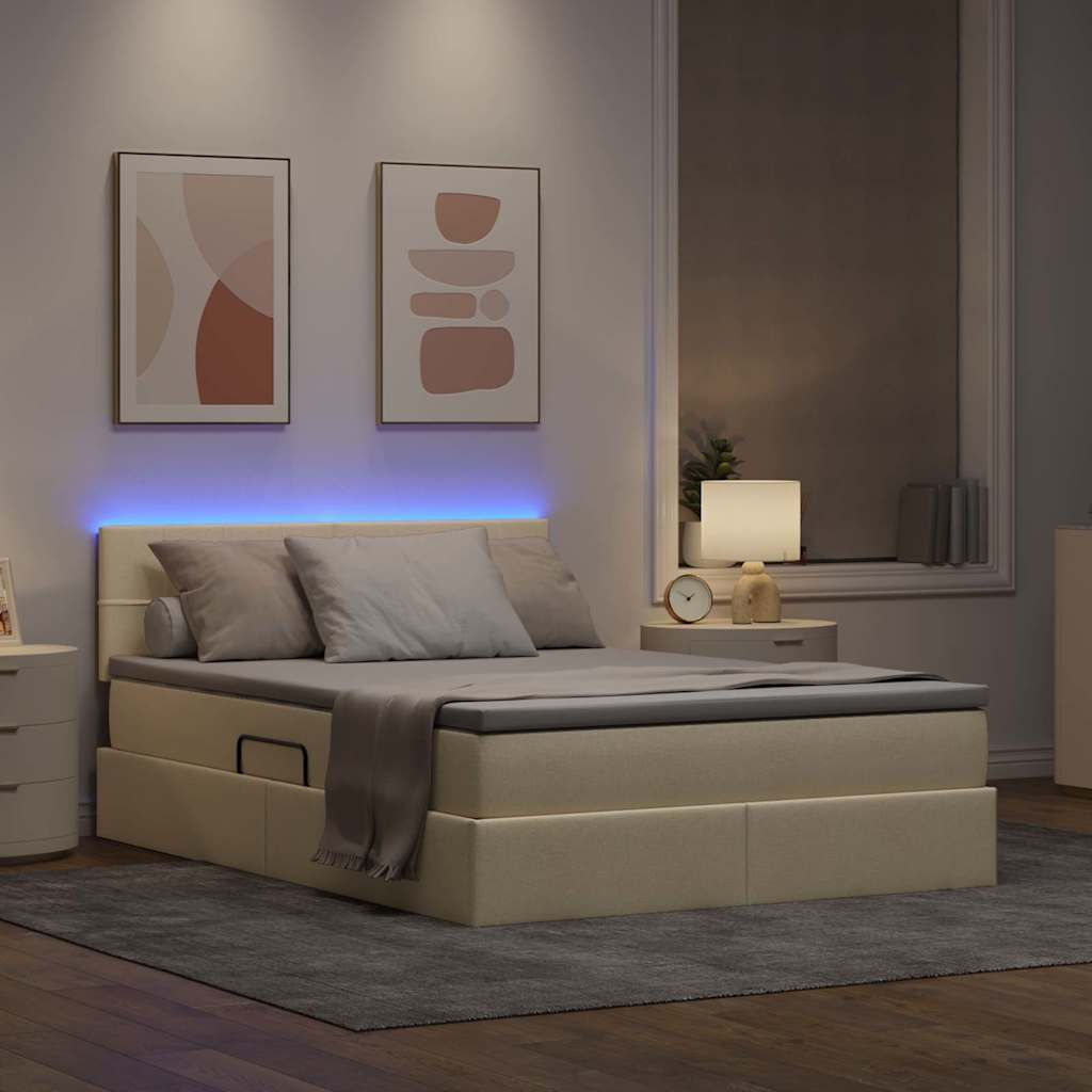 LED opbevarings seng med madras Creme 140 x 190 cm Stof