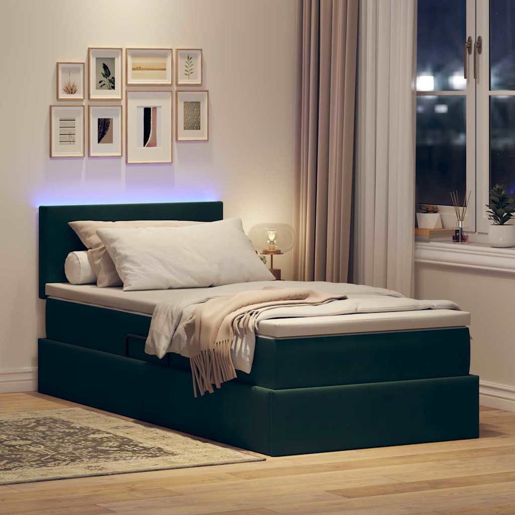 LED opbevarings seng med madras Mørkegrøn 90 x 190 cm Fløjl