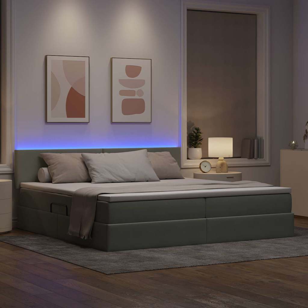LED opbevarings seng med madras Lysegrå 200 x 200 cm Fløjl