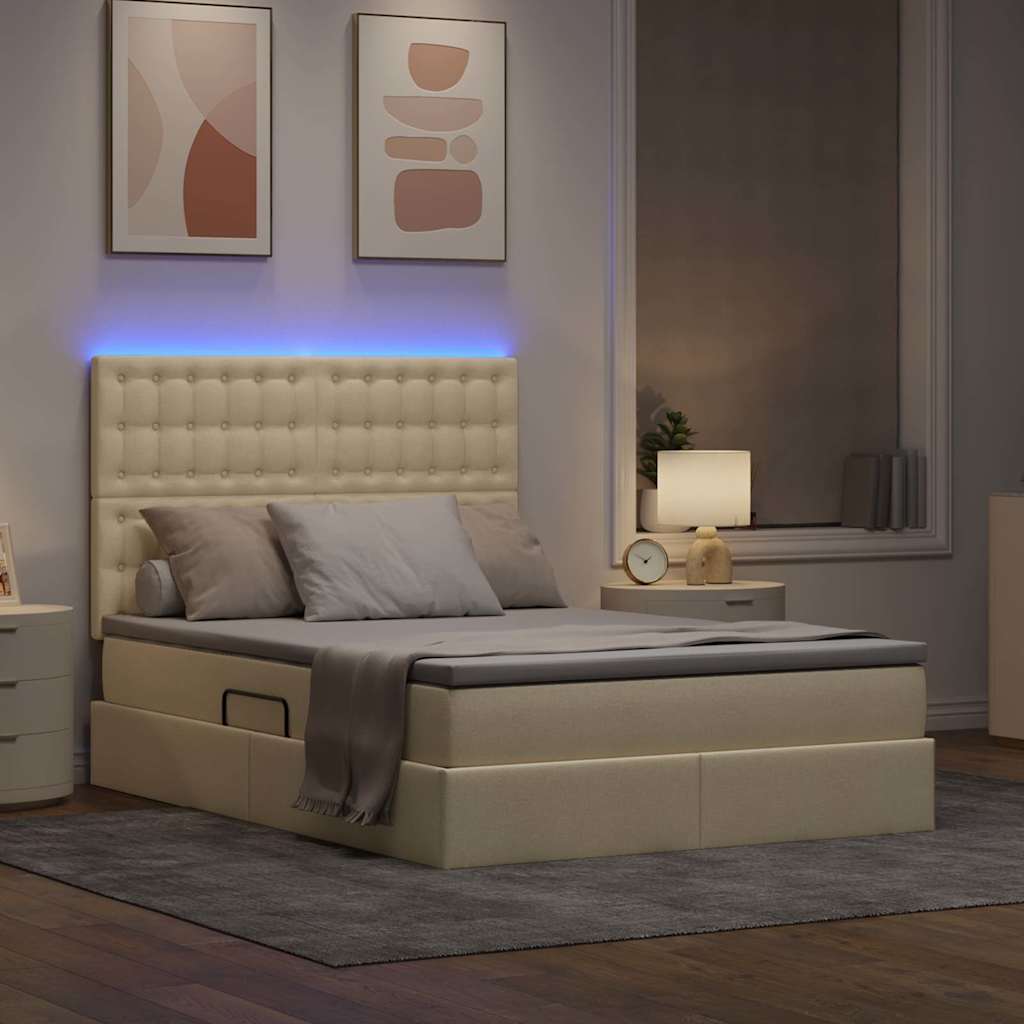LED opbevarings seng med madras Creme 140 x 190 cm Stof