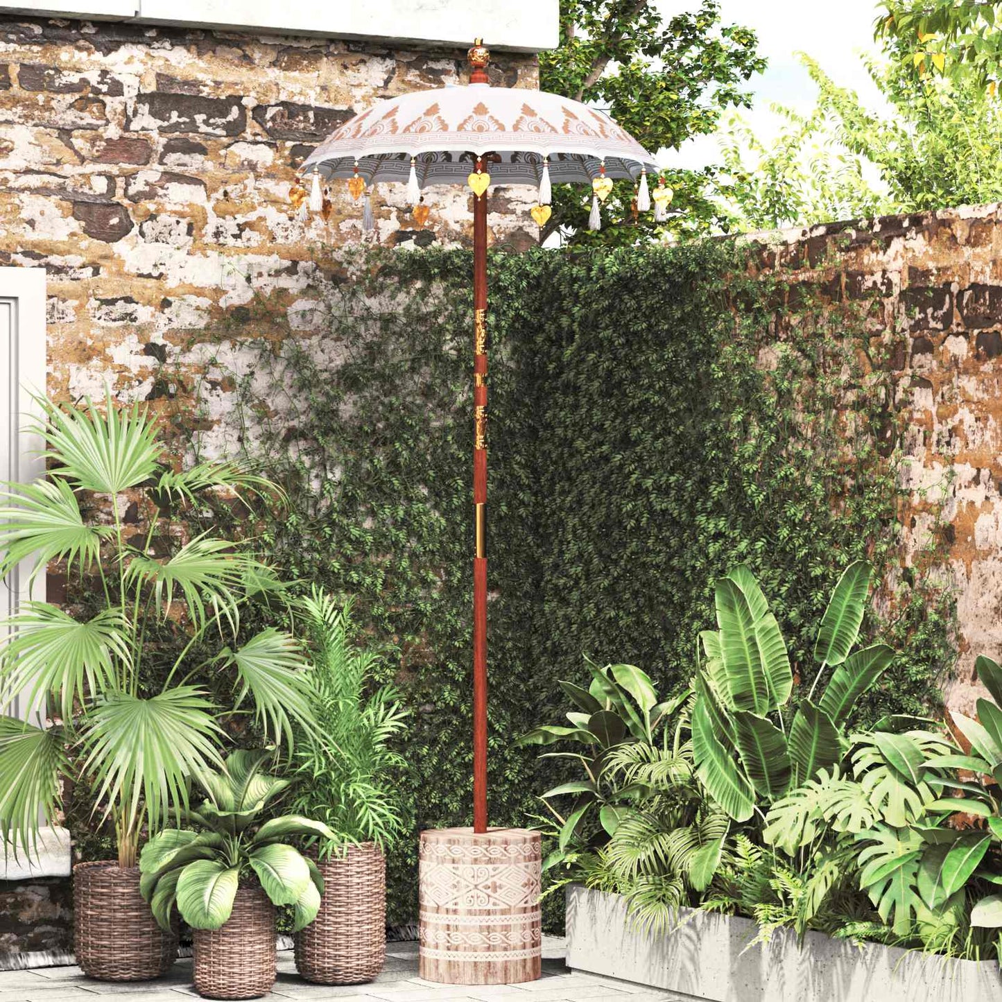Balinesisk parasol med base Creme 95 x 95 x 260 cm