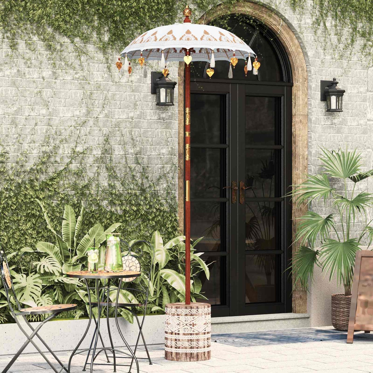 Balinesisk parasol med base Creme 95 x 95 x 260 cm