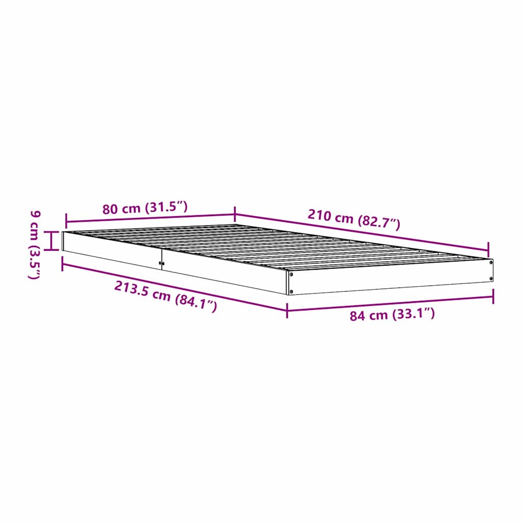 Gulv seng ramme Hvid 80 x 210 cm Massiv fyrretræ