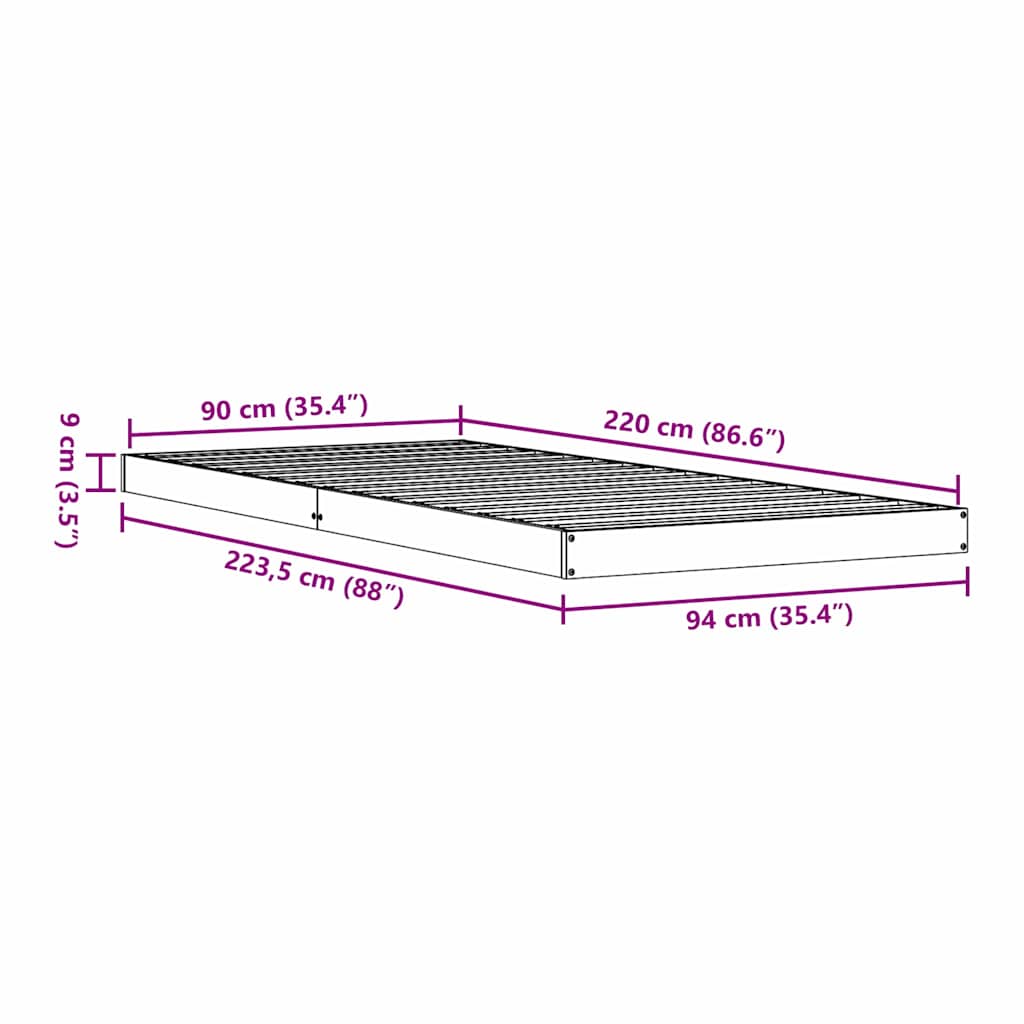 Gulv seng ramme Hvid 90 x 220 cm Massiv fyrretræ