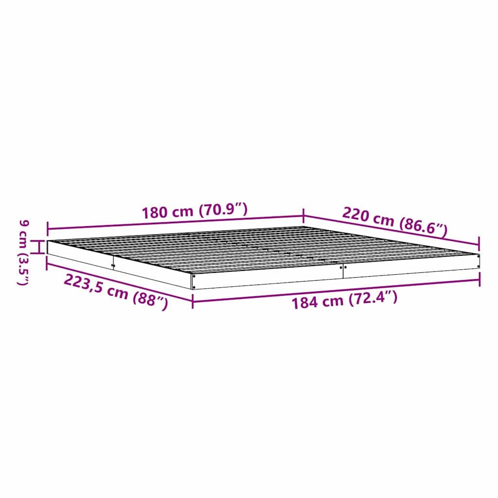 Gulv seng ramme Hvid 180 x 220 cm Massiv fyrretræ