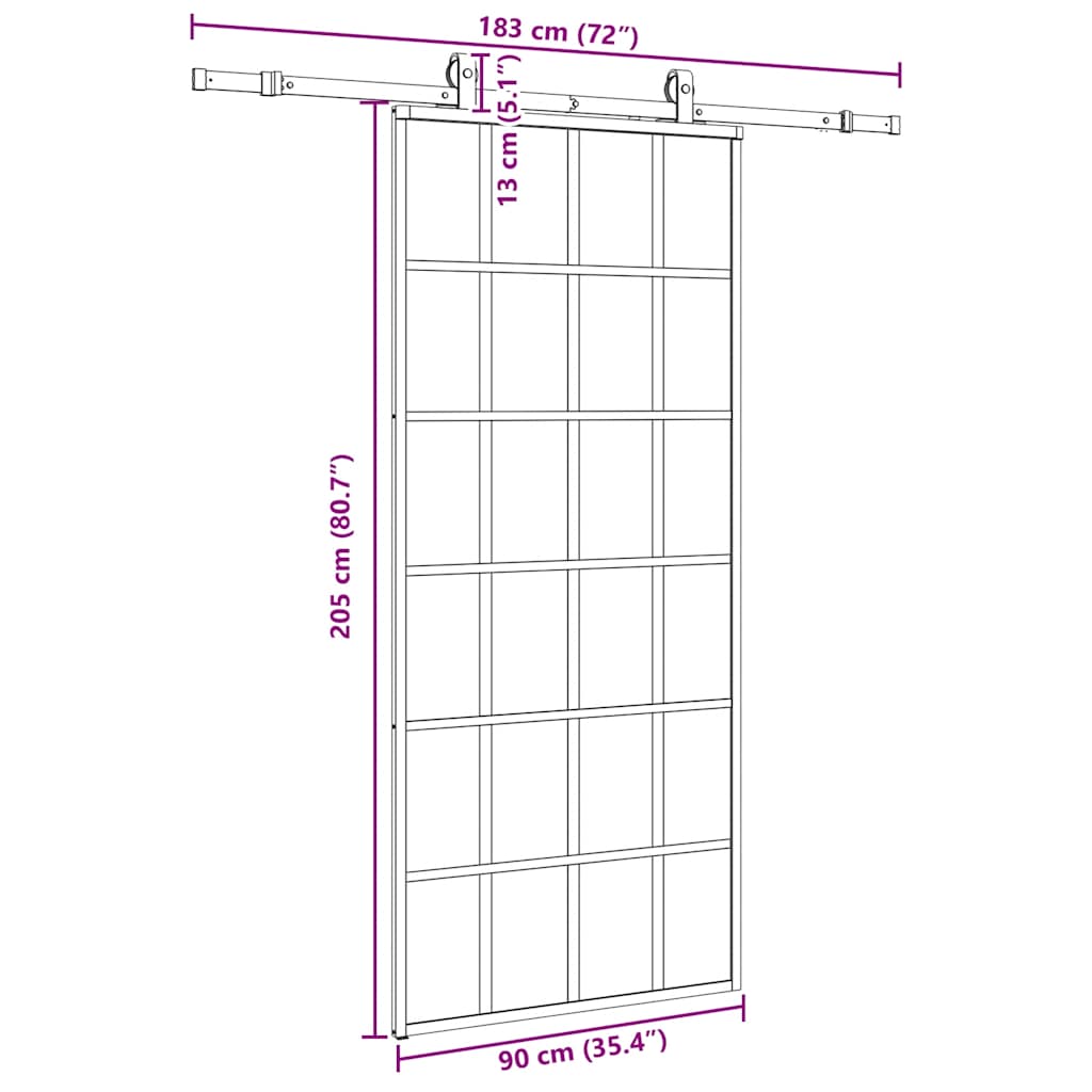 skydedør med hardwaresæt 90x205 cm ESG glas sort