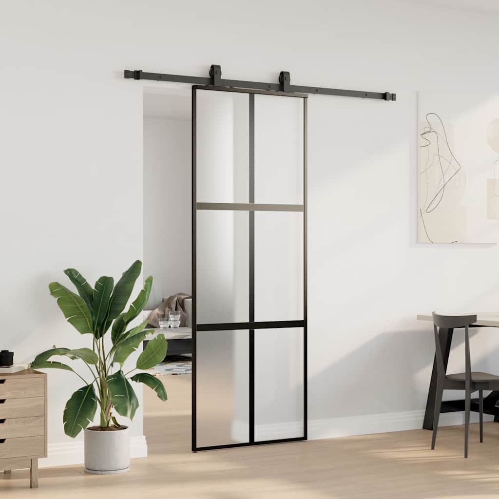 skydedør med hardwaresæt 76x205 cm hærdet glas sort