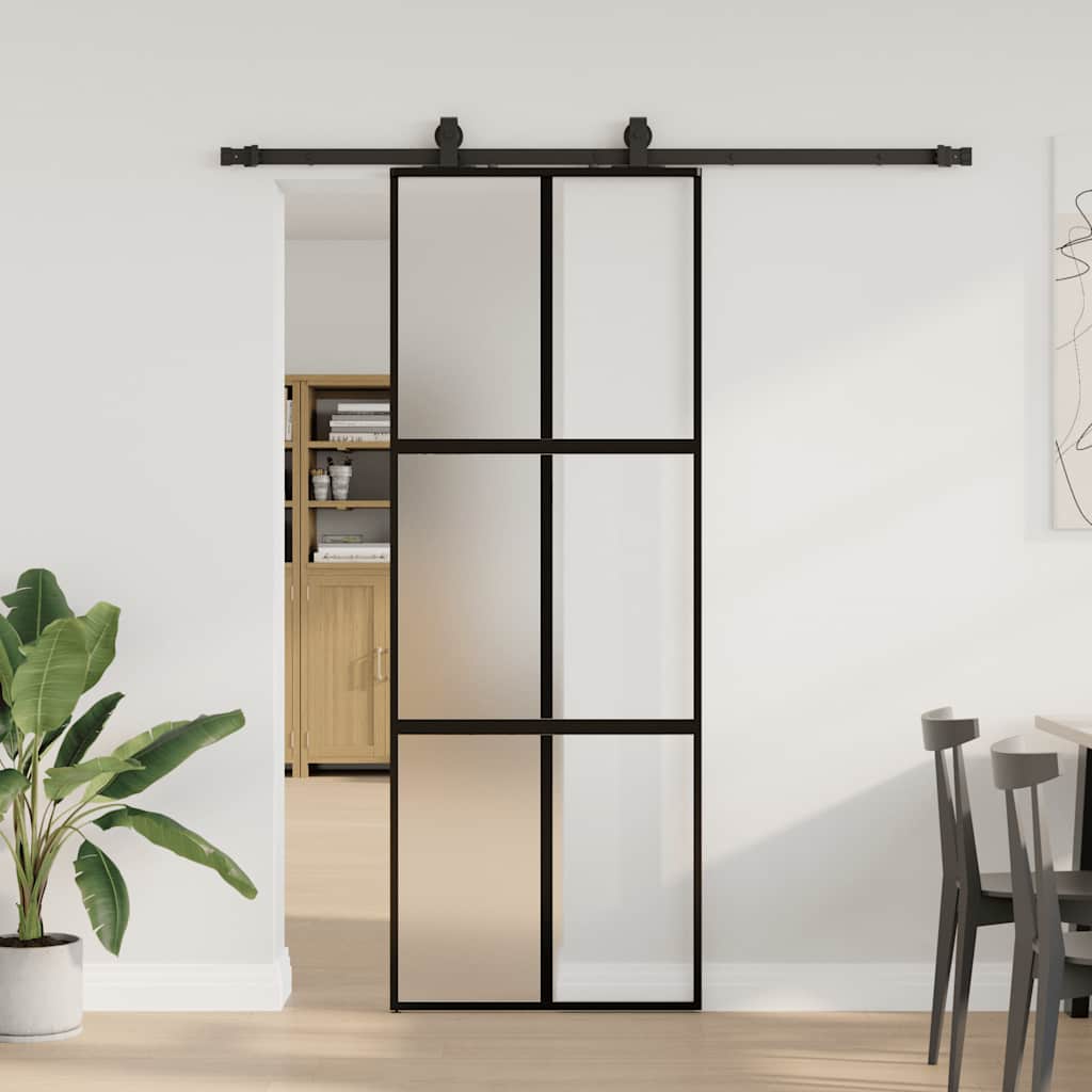 skydedør med hardwaresæt 76x205 cm hærdet glas sort