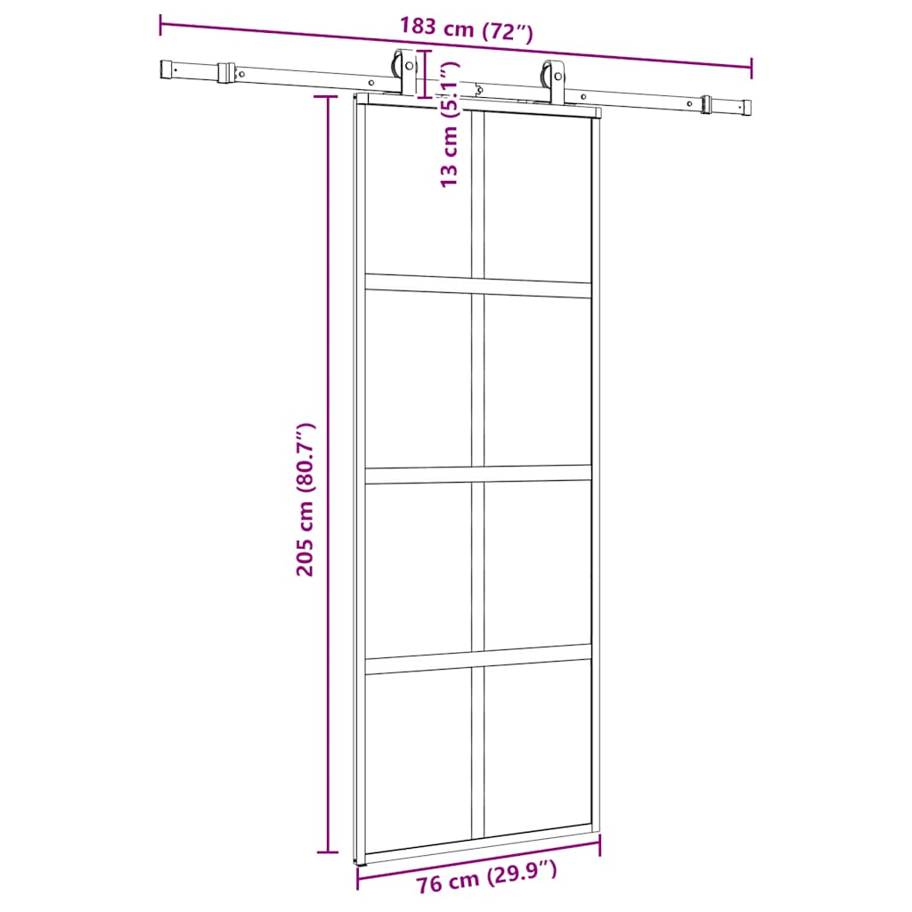 skydedør med hardwaresæt 76x205 cm hærdet glas sort