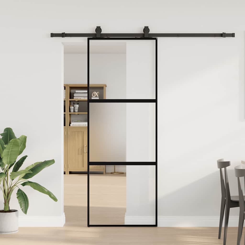 skydedør med hardwaresæt 76x205 cm hærdet glas sort
