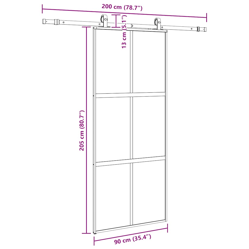 skydedør med hardwaresæt 90x205 cm hærdet glas sort
