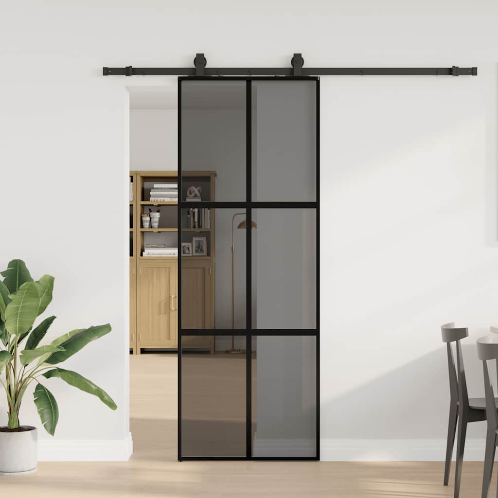 skydedør med hardwaresæt 76x205 cm hærdet glas sort
