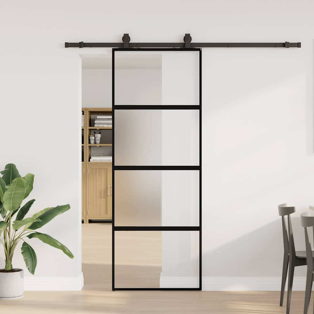 skydedør med hardwaresæt 76x205 cm hærdet glas sort