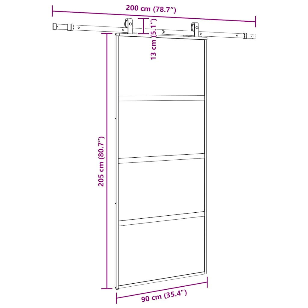 skydedør med hardwaresæt 90x205 cm hærdet glas sort