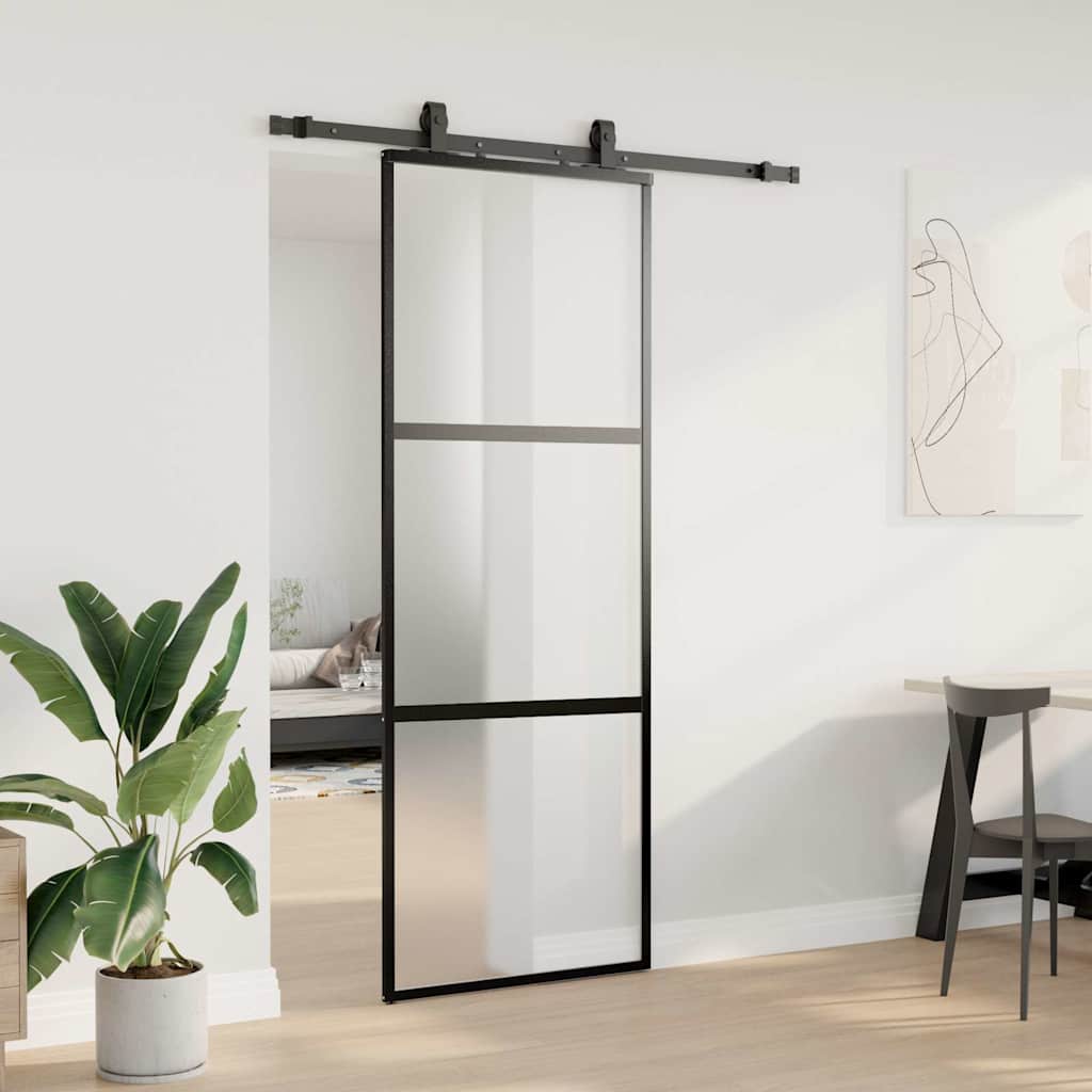 skydedør med hardwaresæt 76x205 cm hærdet glas sort