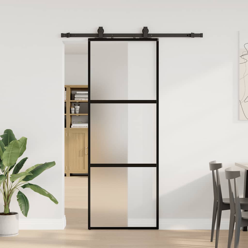 skydedør med hardwaresæt 76x205 cm hærdet glas sort