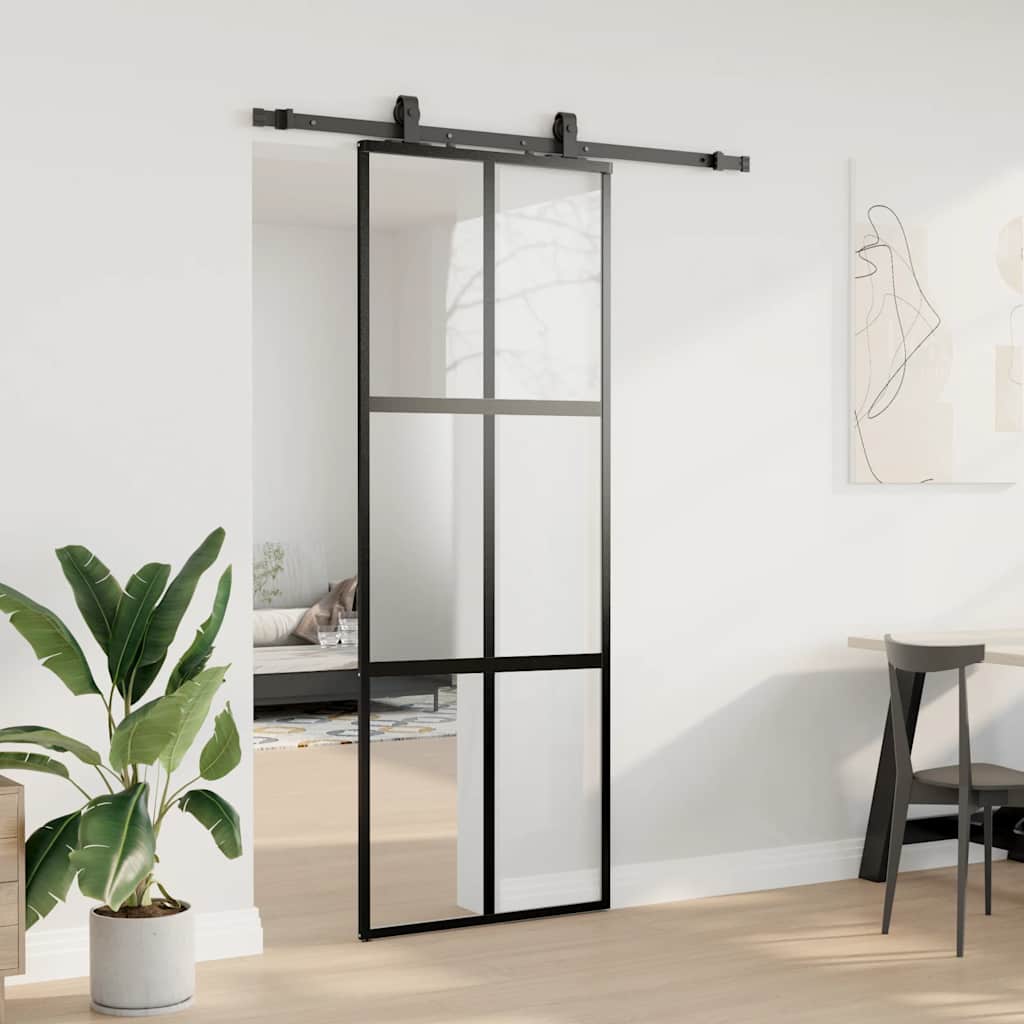 skydedør med hardwaresæt 76x205 cm hærdet glas sort