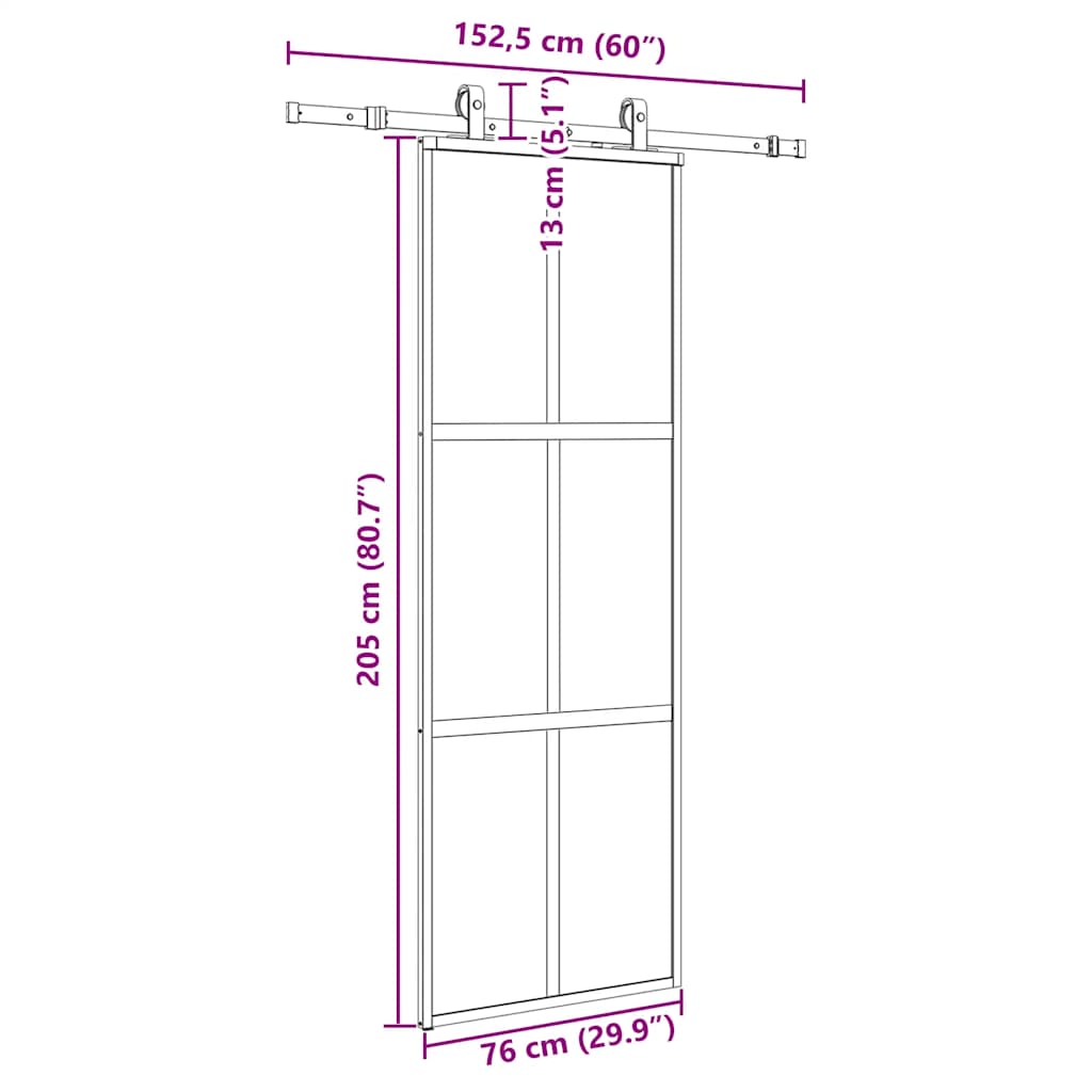 skydedør med hardwaresæt 76x205 cm hærdet glas sort