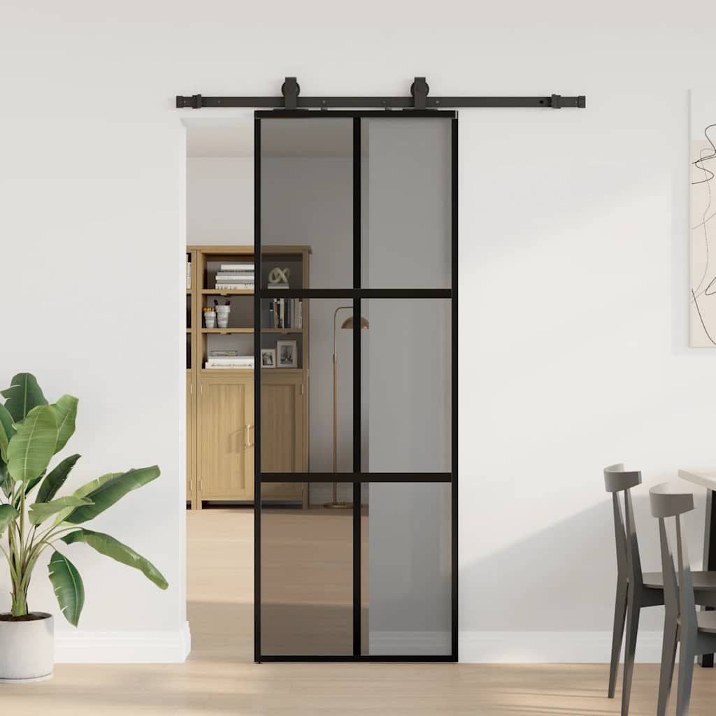skydedør med hardwaresæt 76x205 cm hærdet glas sort