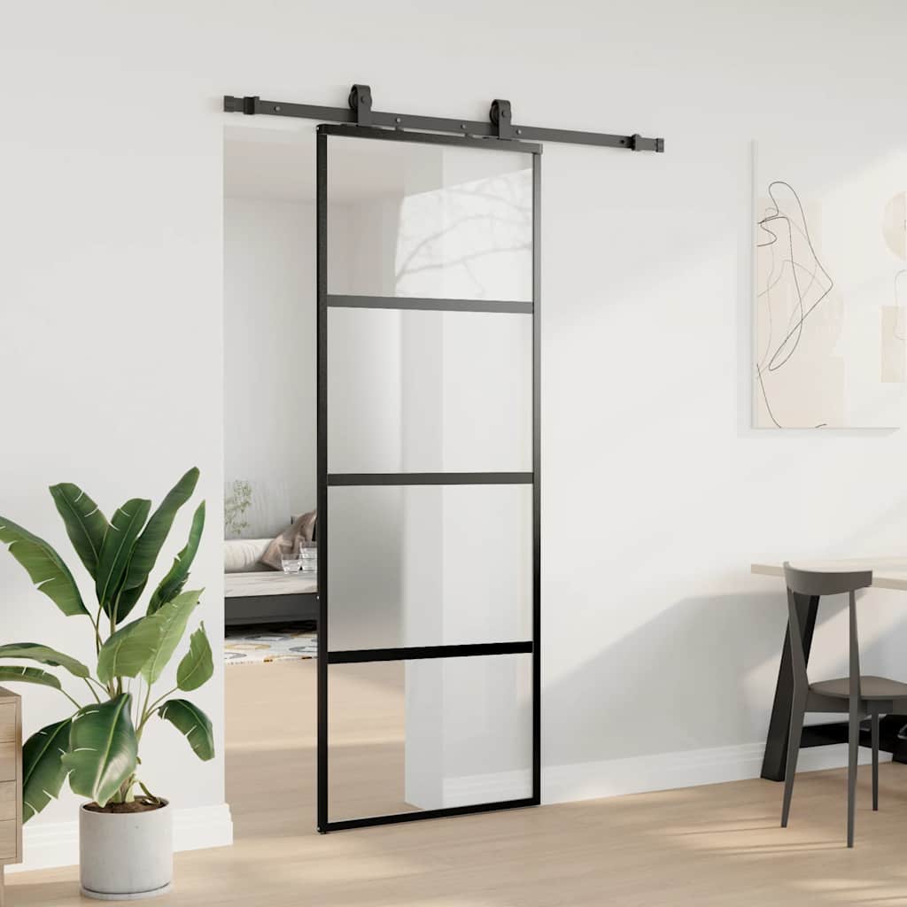 skydedør med hardwaresæt 76x205 cm hærdet glas sort