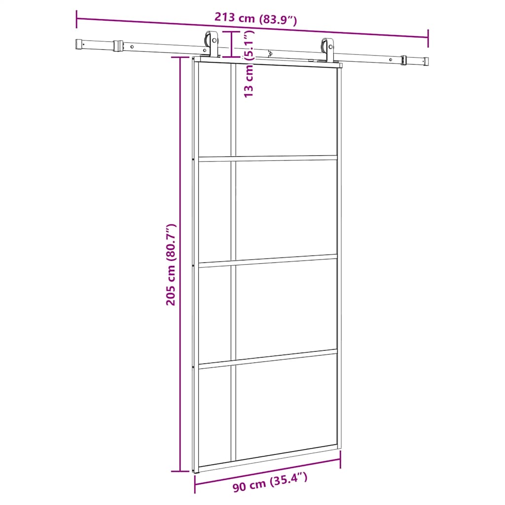 skydedør med hardwaresæt 90x205 cm ESG glas sort
