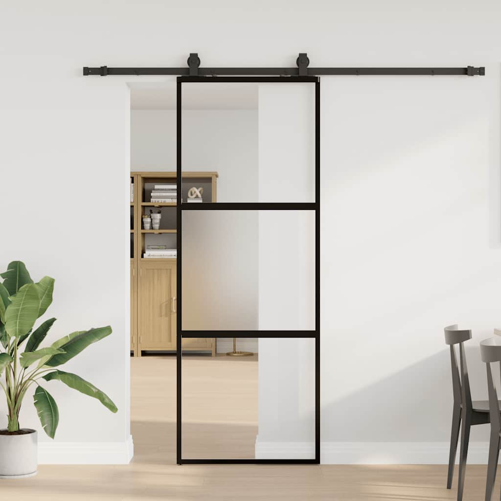 skydedør med hardwaresæt 76x205 cm hærdet glas sort