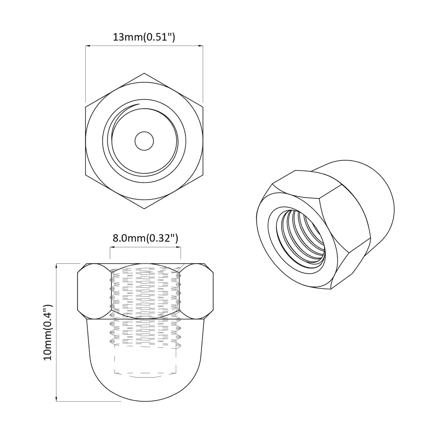 Sekskantet Egetræ Møtrikker 12 pcs Sølv m8 Metal