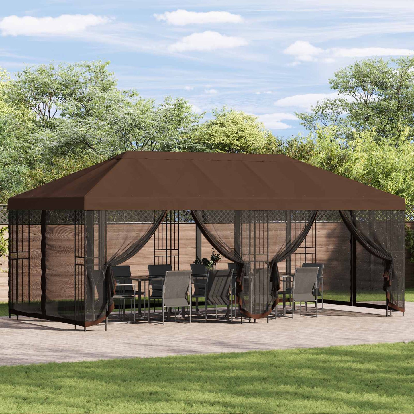 Pavillon med sidetapper 6 x 3 m Brun Polyester og Stål 190