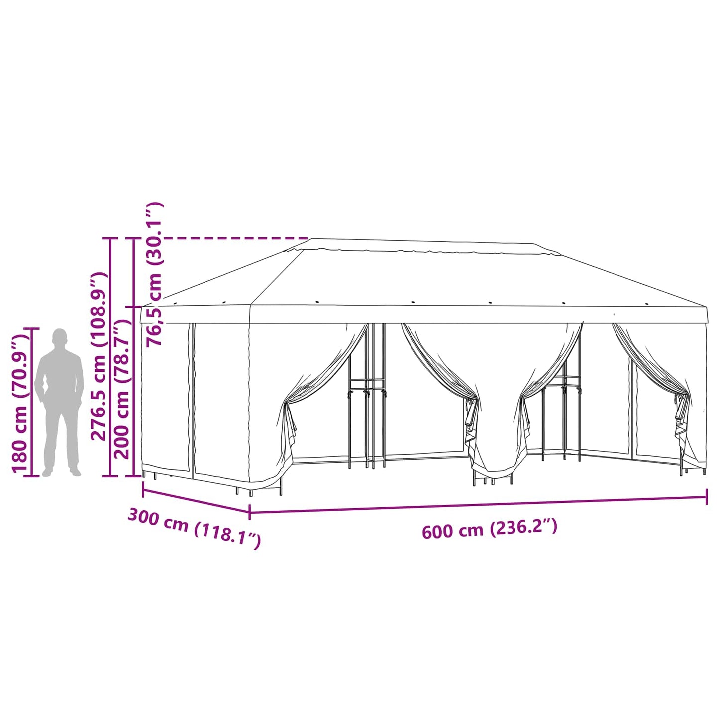 Pavillon med sidetapper 6 x 3 m Antracit Polyester og Stål 190
