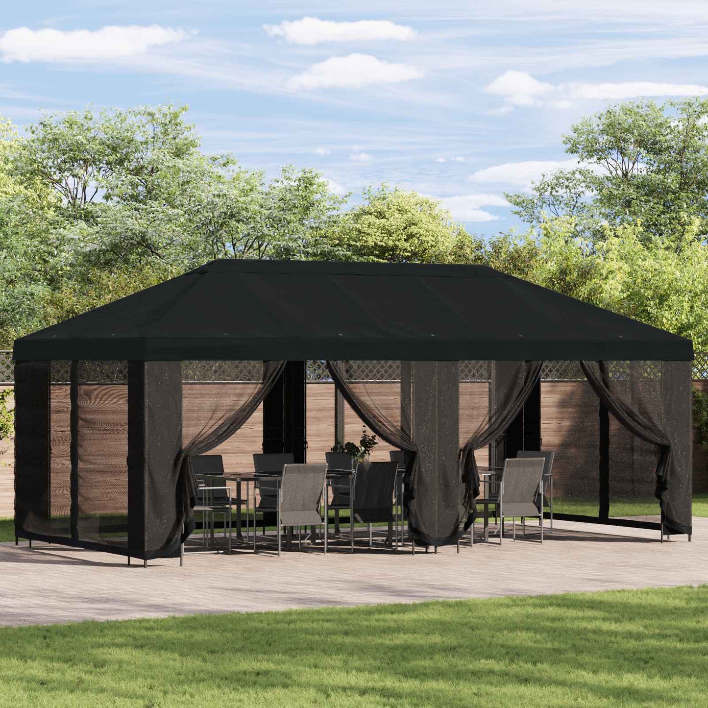 Pavillon med sidetapper 6 x 3 m Sort Polyester og Stål 190