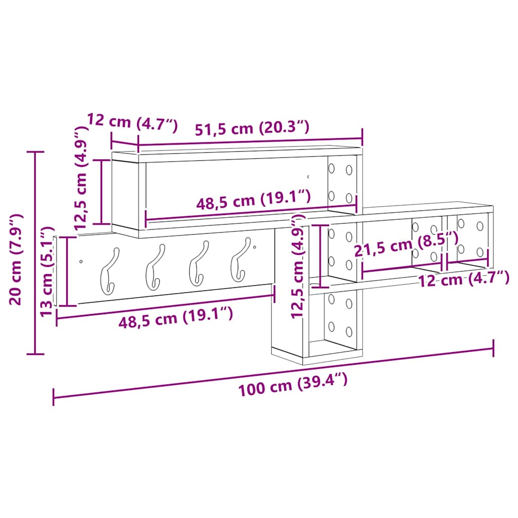 Vægmonteret Jakkeholder Vægmonteret Sort eg 100 x 12 x 43,5 cm