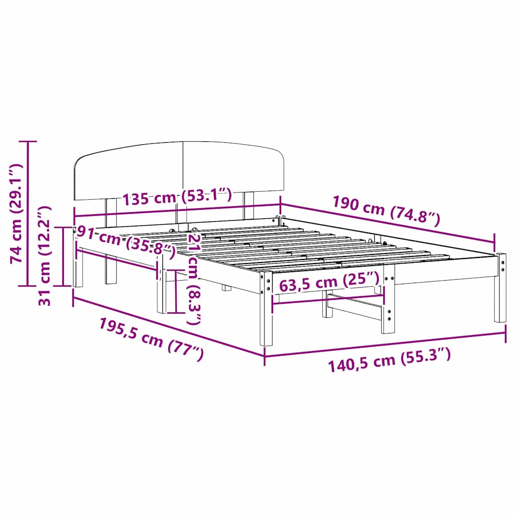 Sengestel med hovedgærde Hvid 135 x 190 cm Massiv fyrretræ