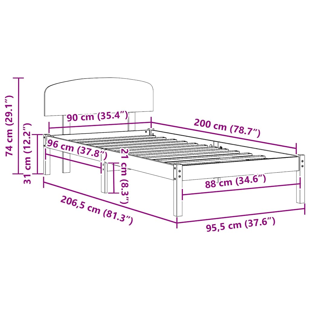 Sengestel Naturfarvet 90 x 200 cm Massiv fyrretræ
