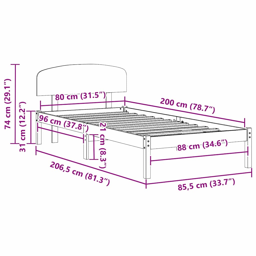 Sengestel med hovedgærde Hvid 80 x 200 cm Massiv fyrretræ