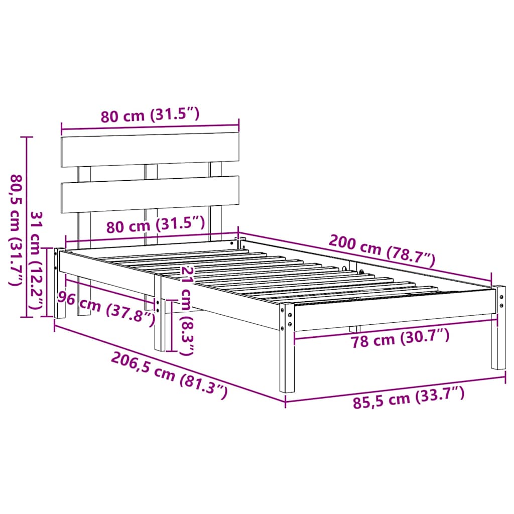 Sengestel med hovedgærde Hvid 80 x 200 cm Massivt fyrretræ