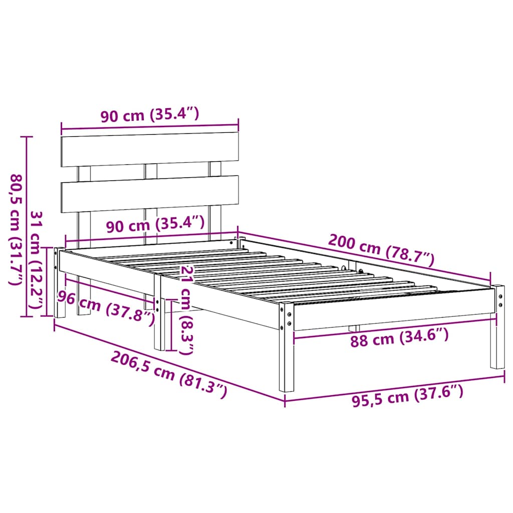 Sengestel med hovedgærde Hvid 90 x 200 cm Massivt fyrretræ