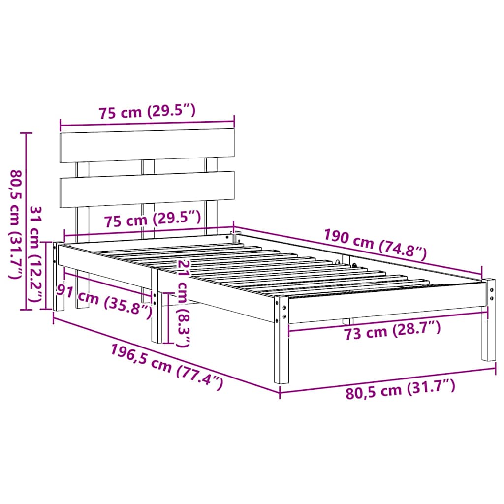 Sengestel med hovedgærde Hvid 75 x 190 cm Massivt fyrretræ