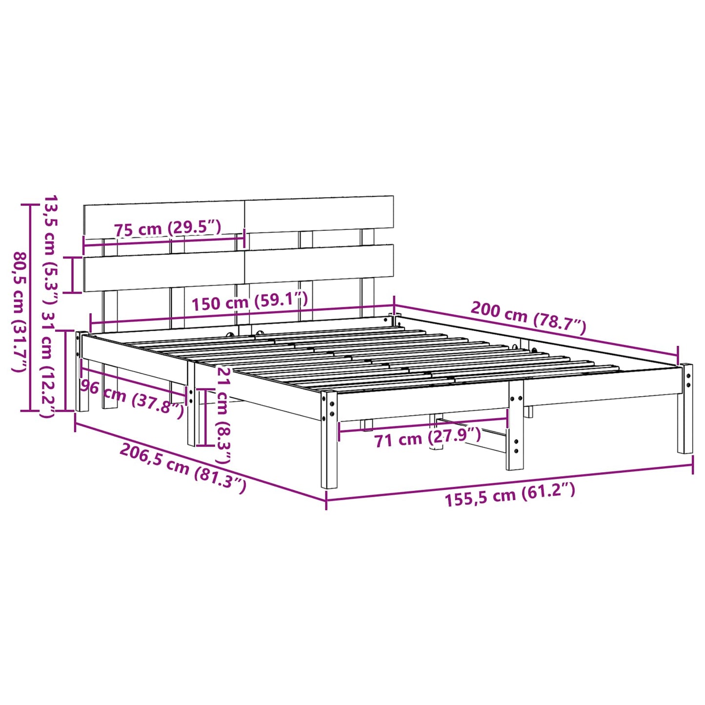 Sengestel med hovedgærde Hvid 150 x 200 cm Massivt fyrretræ