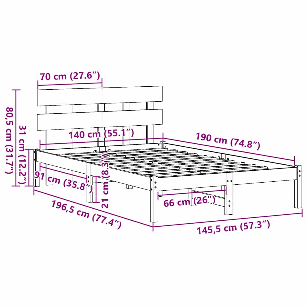 Sengestel med hovedgærde Hvid 140 x 190 cm Massivt fyrretræ