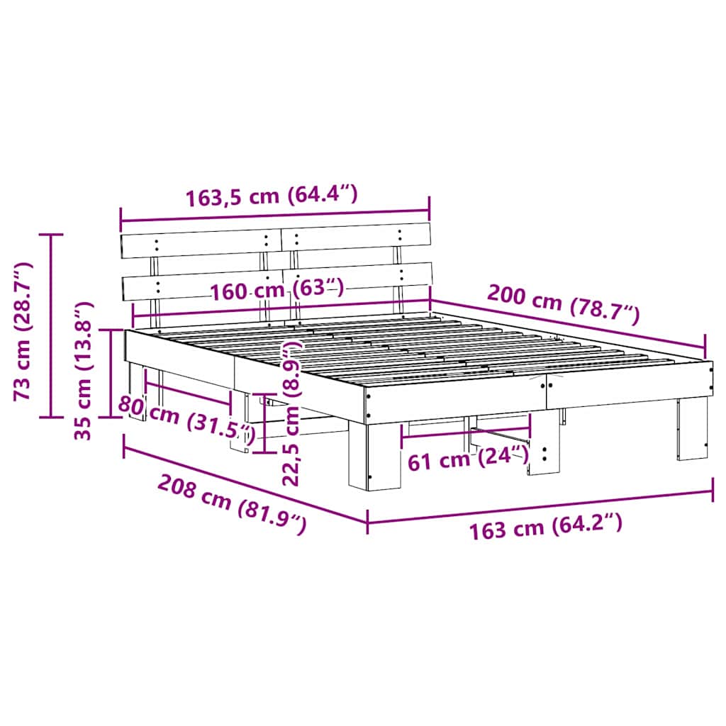 Sengestel med hovedgærde Voks brun 160 x 200 cm Massiv fyrretræ