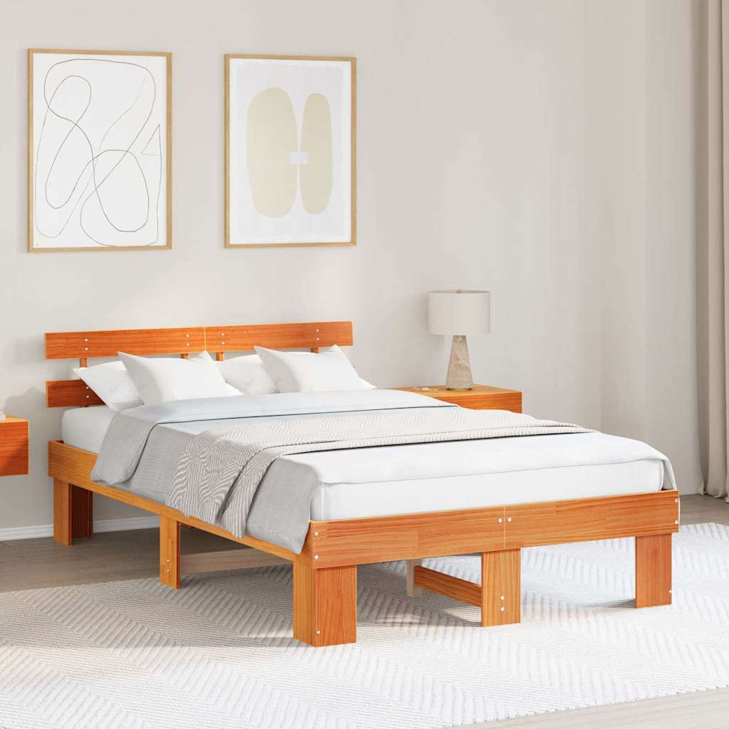 Sengestel med hovedgærde Voks brun 135 x 190 cm Massiv fyrretræ