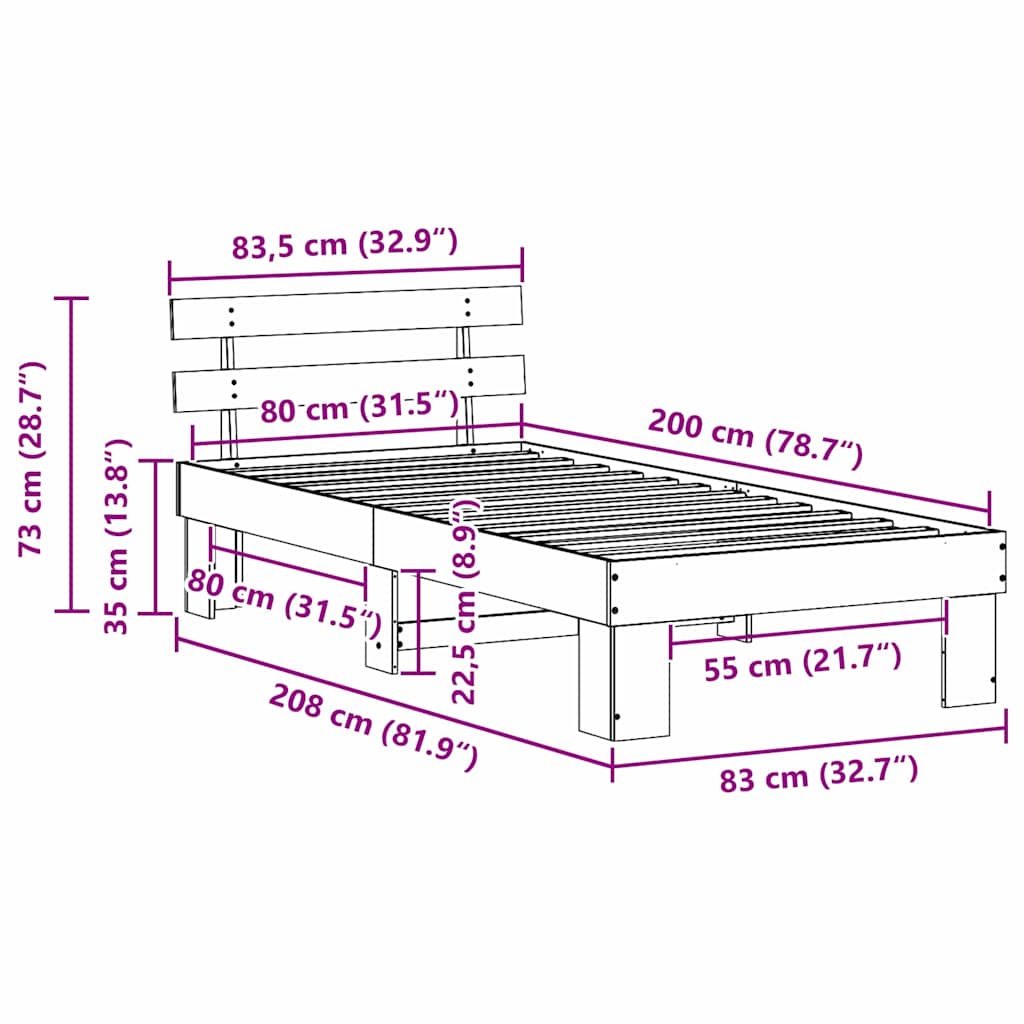Sengestel med hovedgærde Hvid 80 x 200 cm Massiv fyrretræ