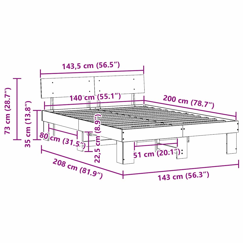Sengestel med hovedgærde Hvid 140 x 200 cm Massiv fyrretræ