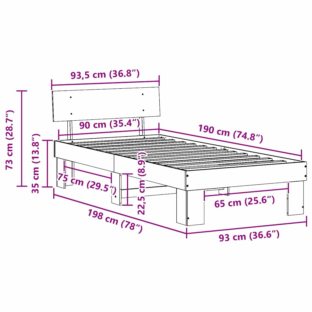 Sengestel Naturfarvet 90 x 190 cm Massiv fyrretræ